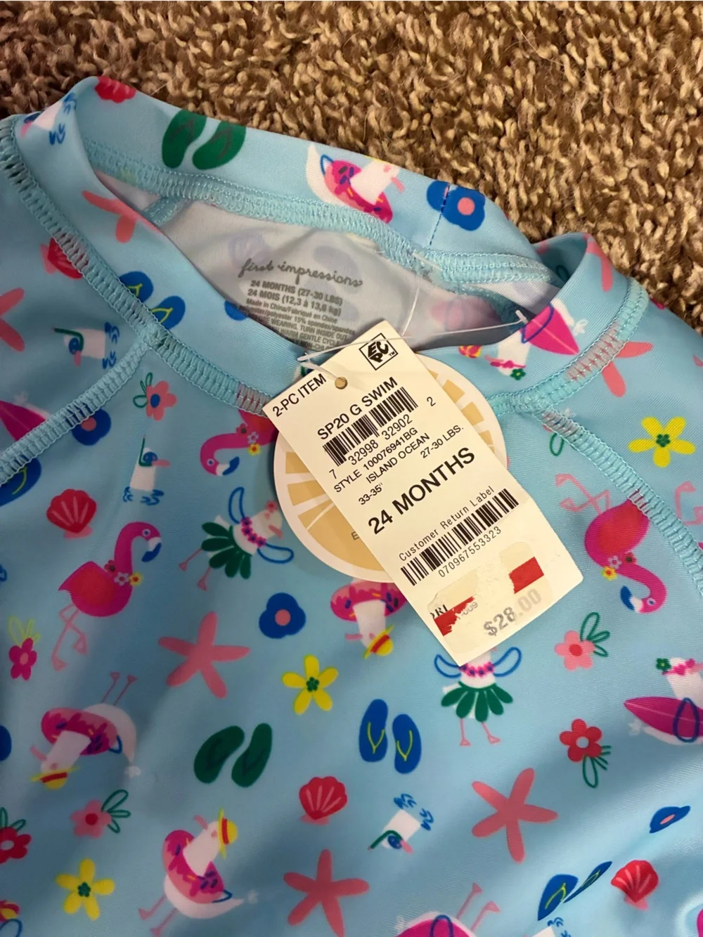 Coral Pink Ruffle Bikini Bottoms with Light Blue Ocean Print Rash Guard